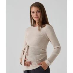 Jersey premamá beige de punto canalé con cordón ajustable