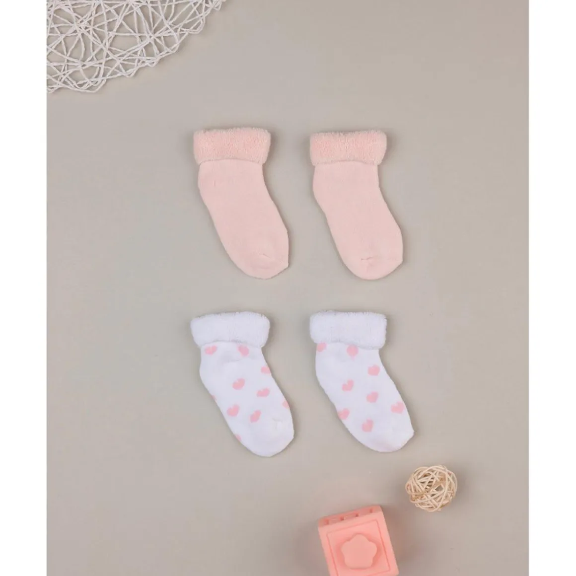 Juego de 2 pares de calcetines de rizo rosa con corazones