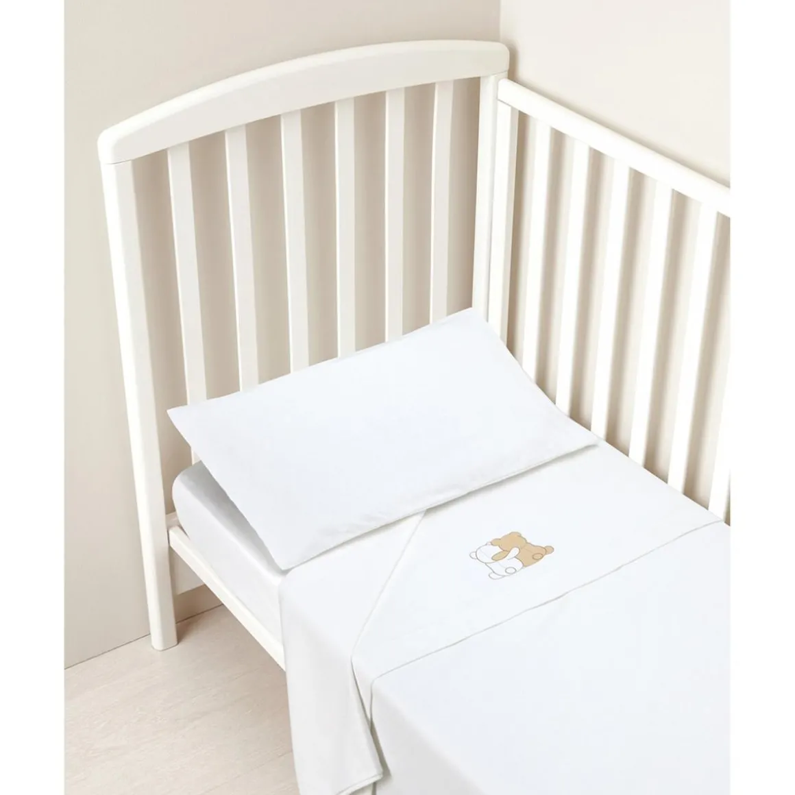 Juego de cama 3 piezas de franela blanca con osito
