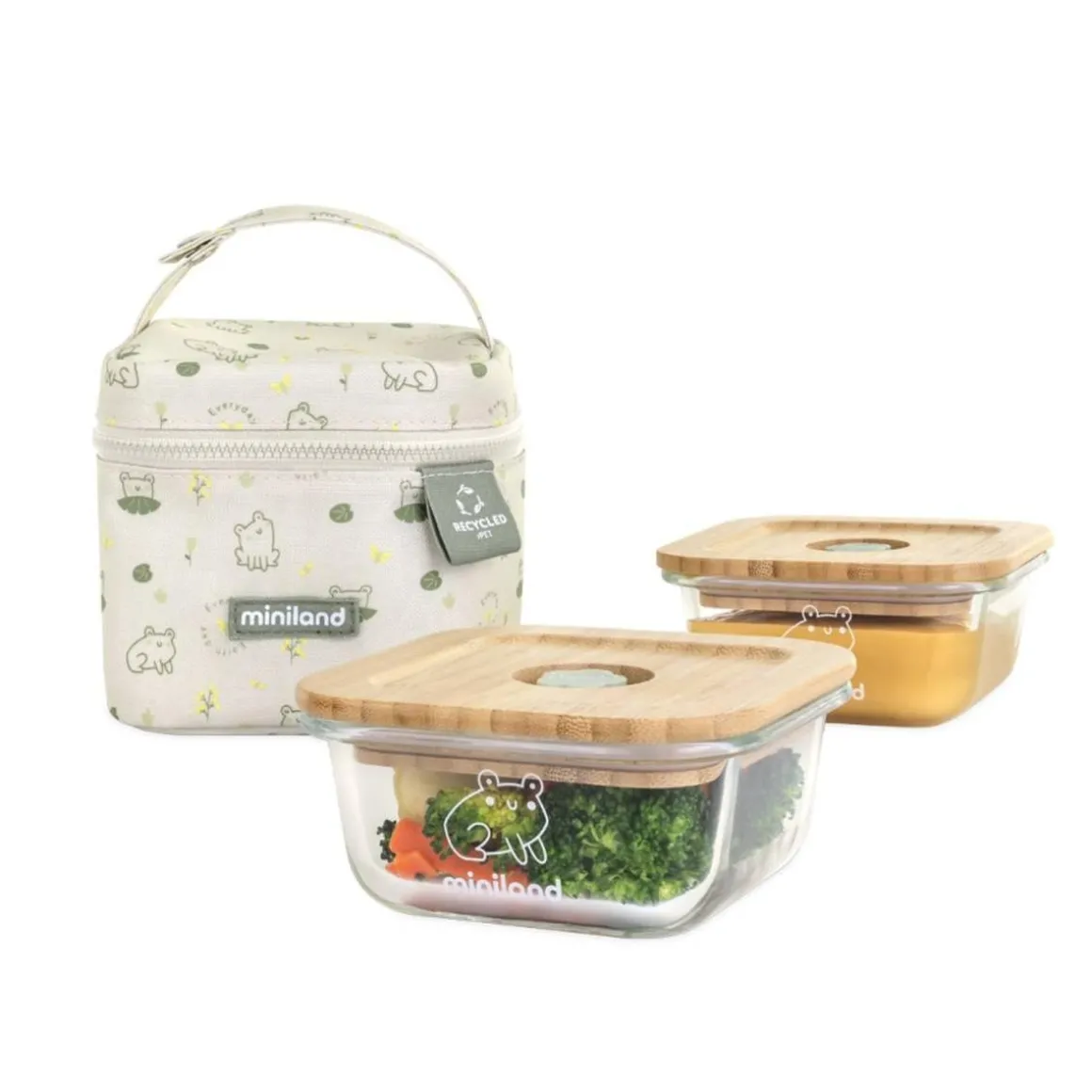 Miniland - Pack to Go 2 Recipientes de Vidrio y Funda - EcoSquare