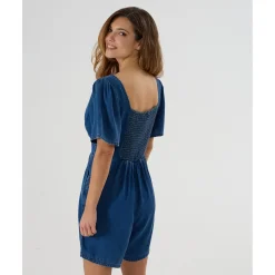 Mono corto premamá de denim con punto smock