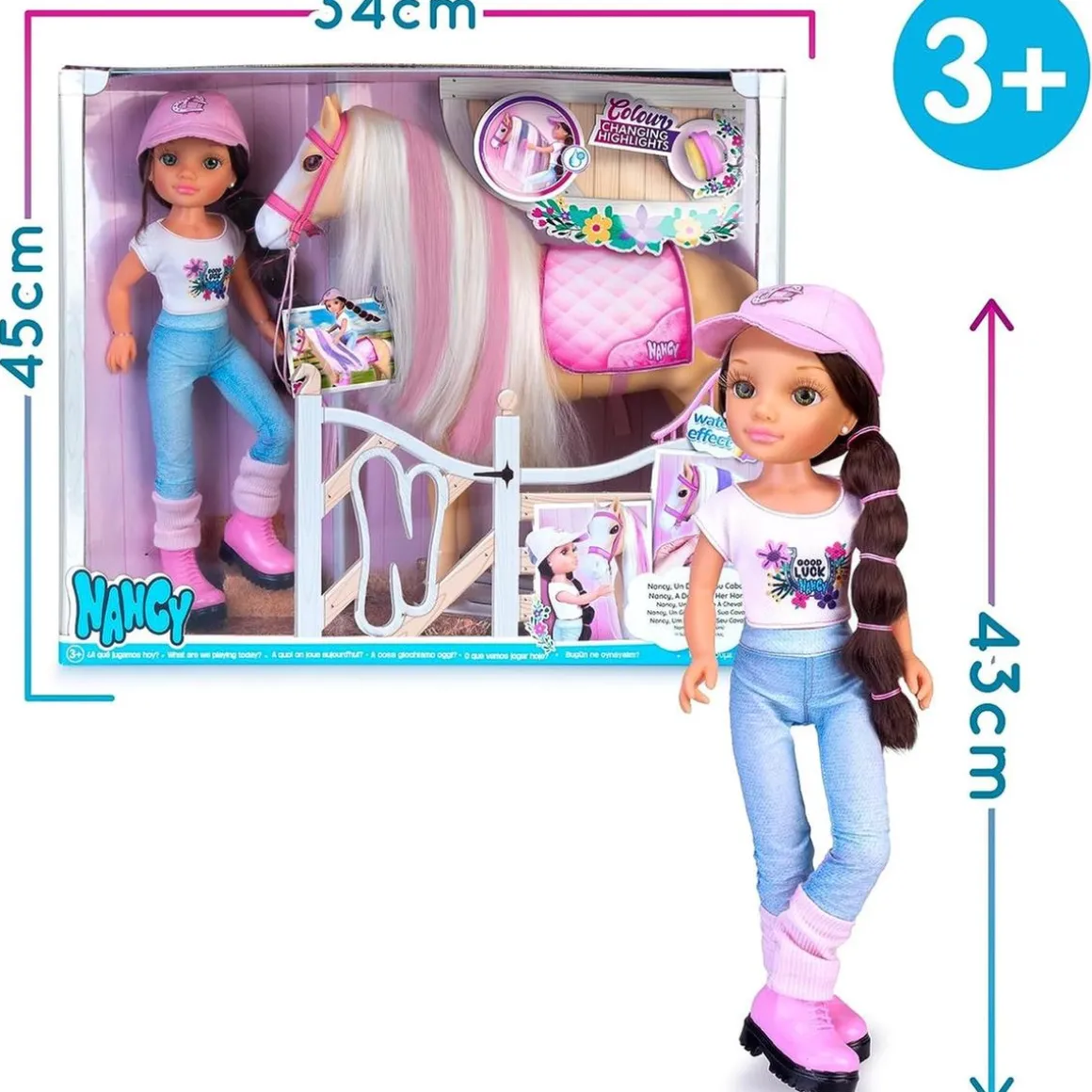 Nancy - Muñeca articulada con caballo y accesorios de cuidado ㅤ