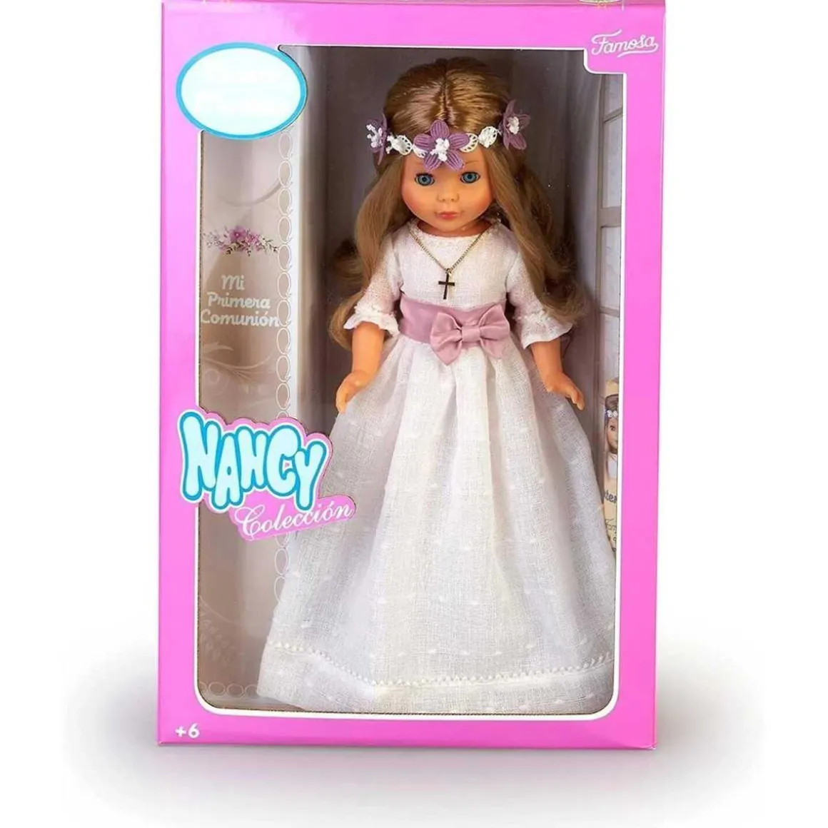 Nancy - Muñeca de colección para Primera Comunión con vestido blanco y corona de flores, rubia, Reedición 2023