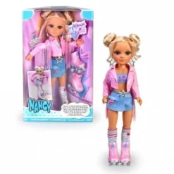 Nancy - Muñeca patinadora con accesorios y chaqueta rosa, para niños y niñas