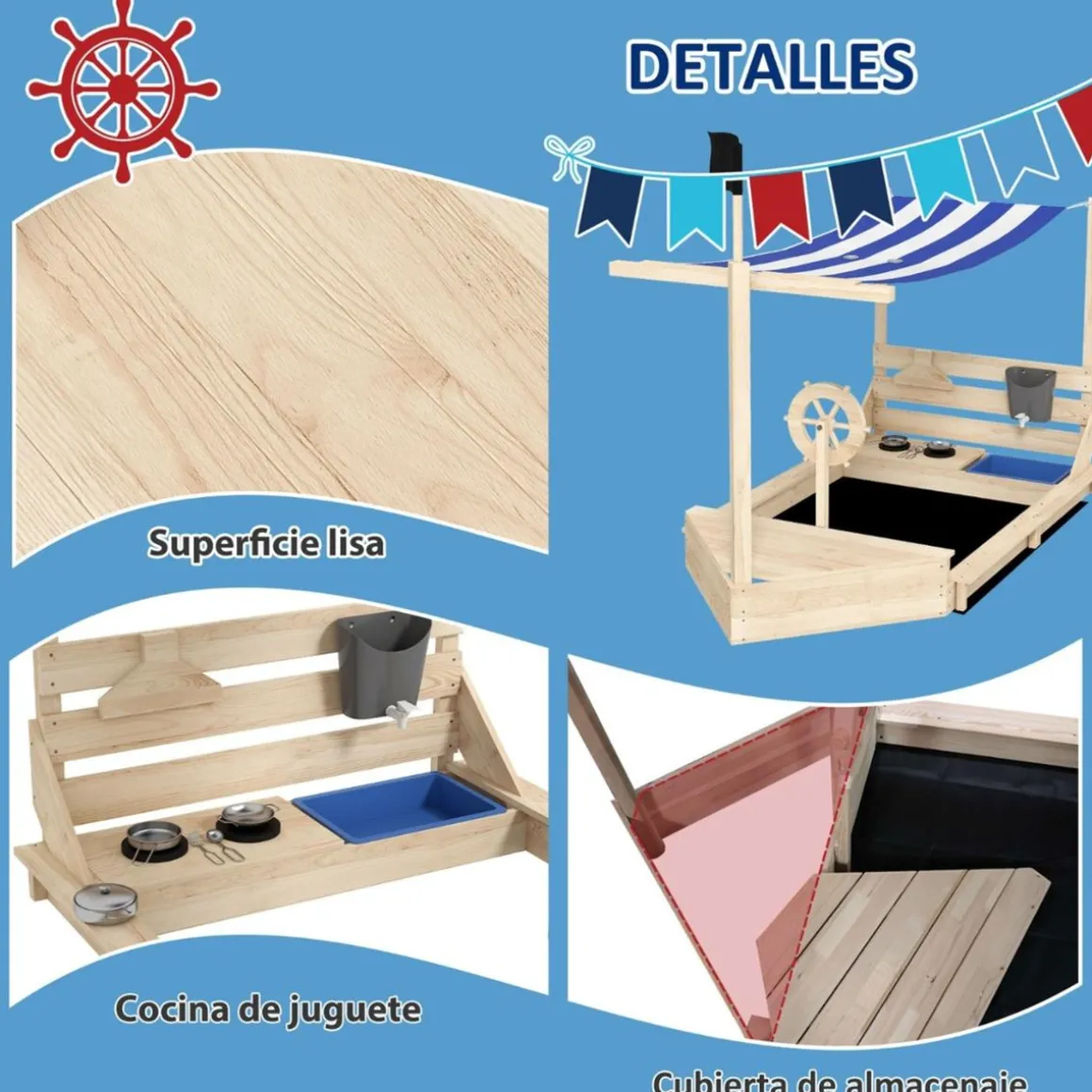 Outsunny - Arenero de madera Barco pirata