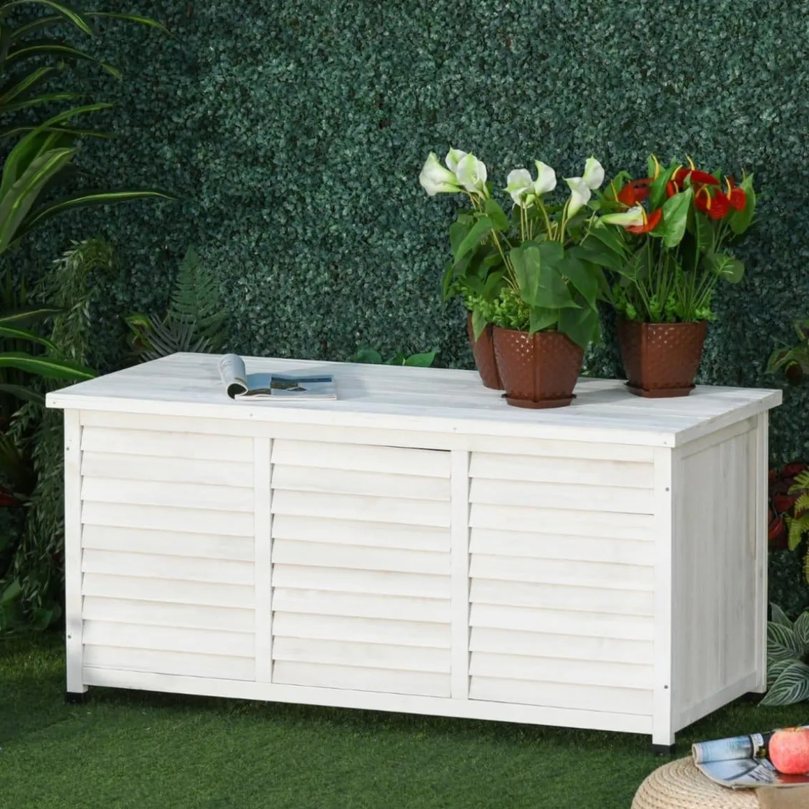 Outsunny - Baúl de jardín de madera Blanco