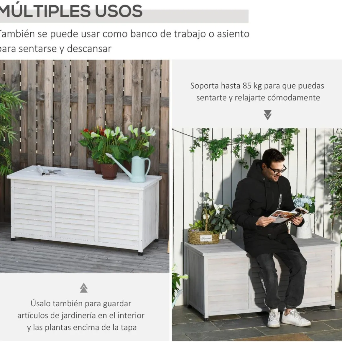 Outsunny - Baúl de jardín de madera Blanco