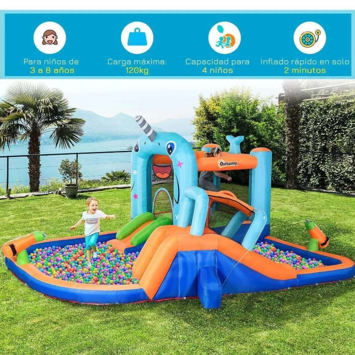 Outsunny - Castillo hinchable 5 en 1 unicornio