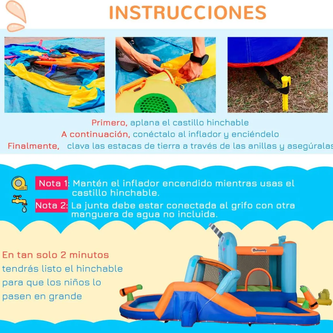 Outsunny - Castillo hinchable 5 en 1 unicornio