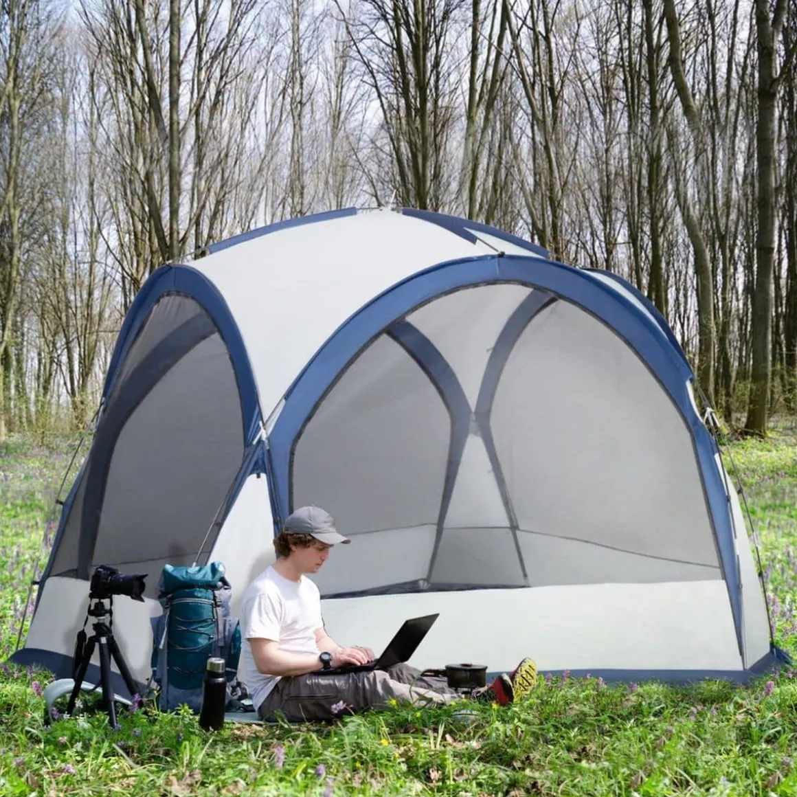 Outsunny - Tienda de camping con mosquiteras 350x350x230 cm Blanco y Azul