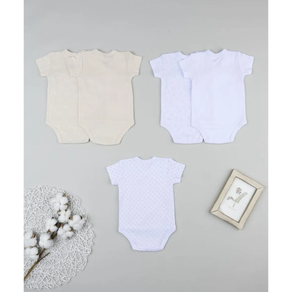 Pack 5 bodies de manga corta para niña en beige y blanco