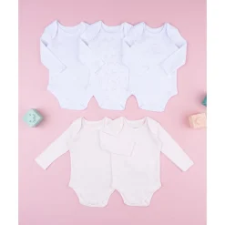 Pack 5 bodies de manga larga para bebé niña en blanco y rosa