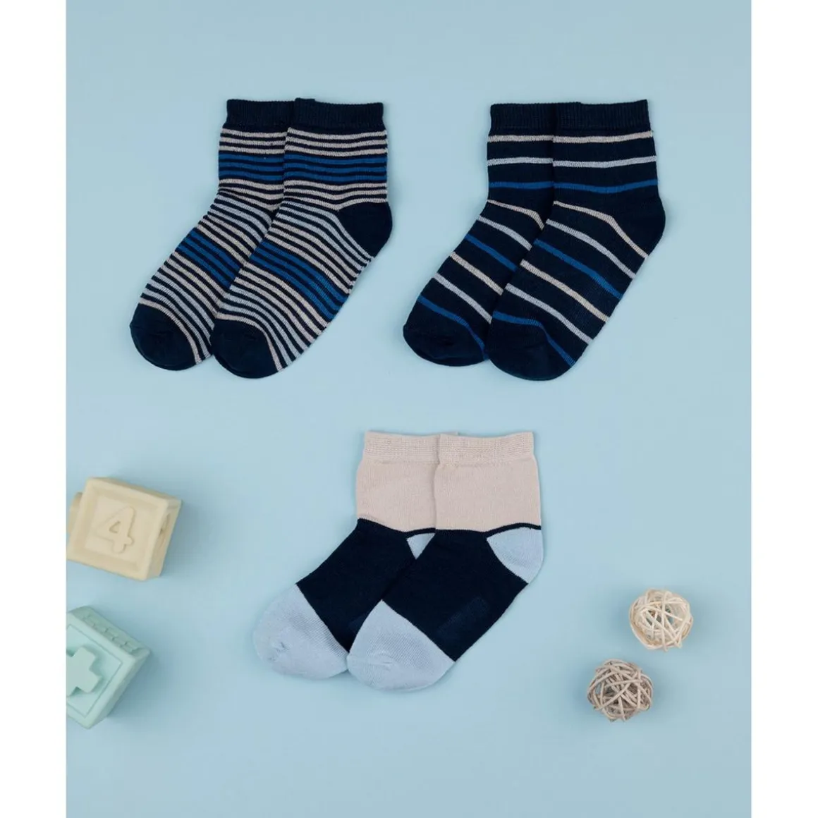 Pack 3 Calcetines Bebé Niño Azul con Rayas Finas
