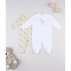 Pack 2 pijamas de bebé amarillo y blanco en terciopelo