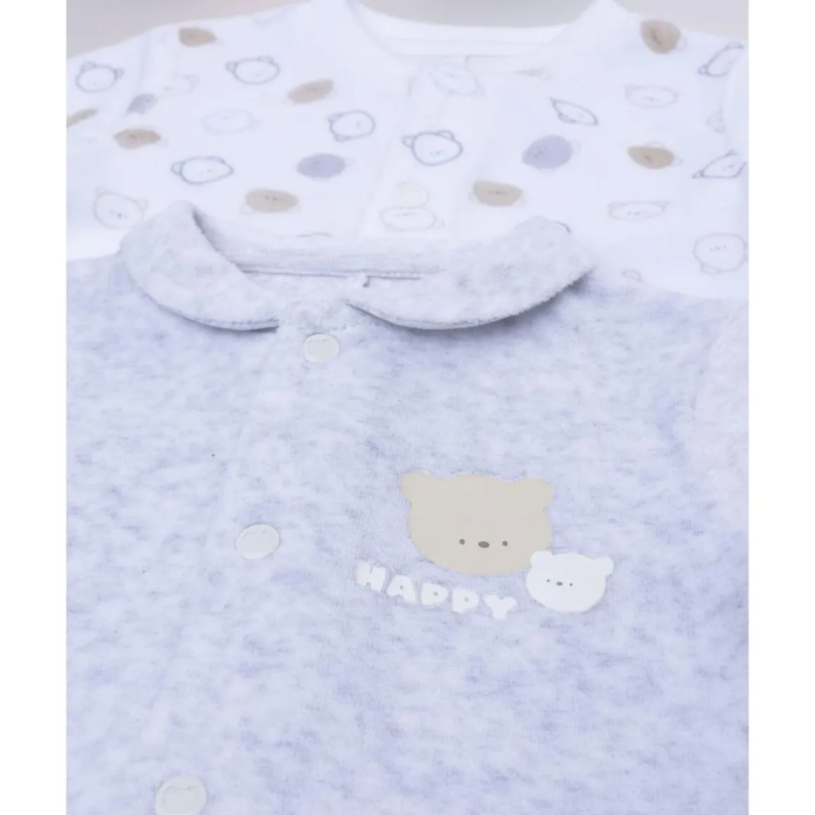 Pack 2 pijamas de bebé en terciopelo blanco y gris con ositos