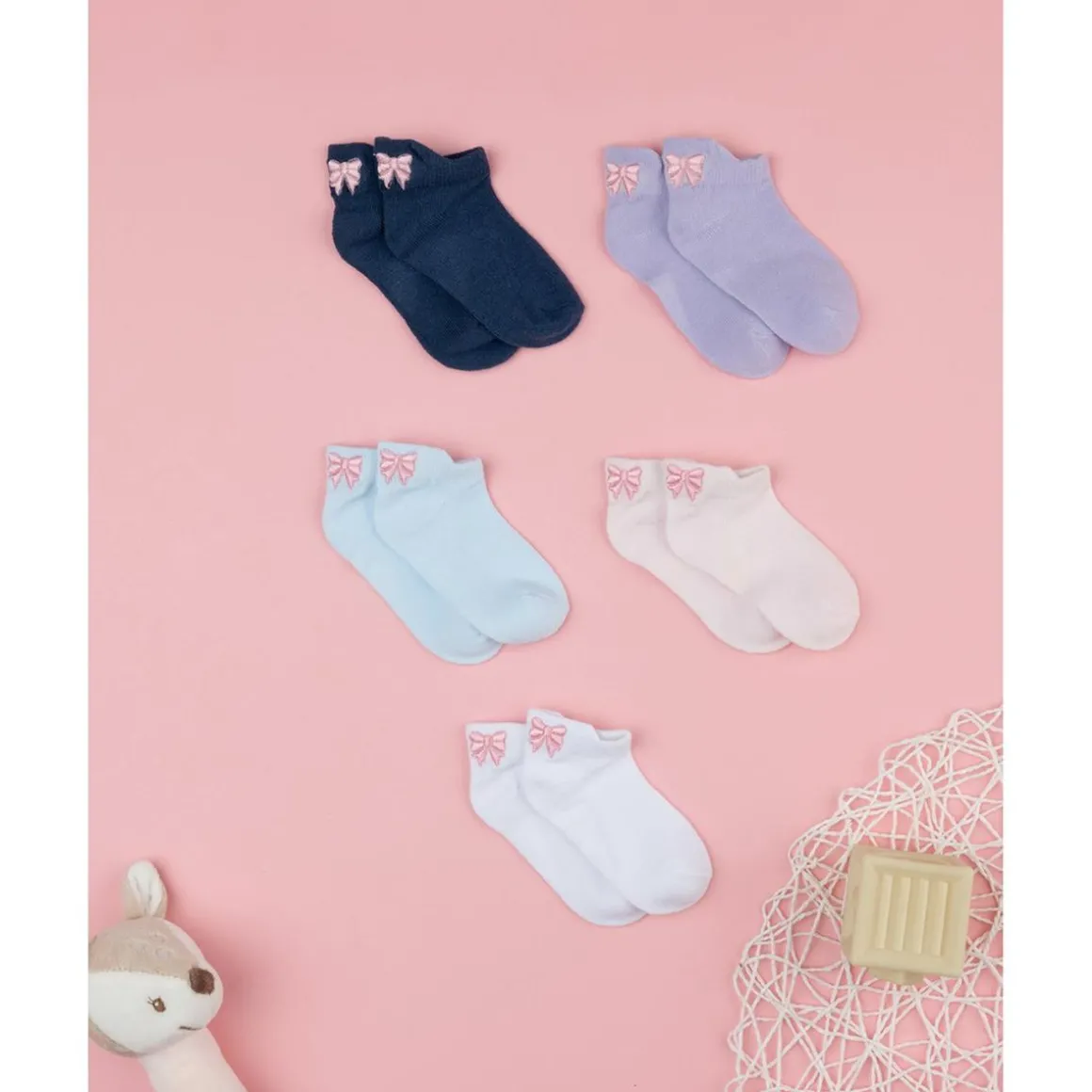Pack de 5 calcetines multicolor con lacito rosa