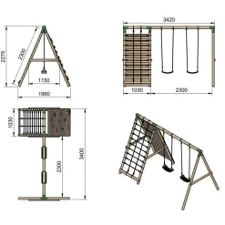 Parque infantil de madera columpios y escalada Timbu