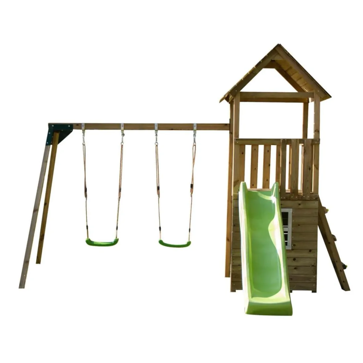 Parque juegos infantil de madera Tibidabo con caseta y columpio doble