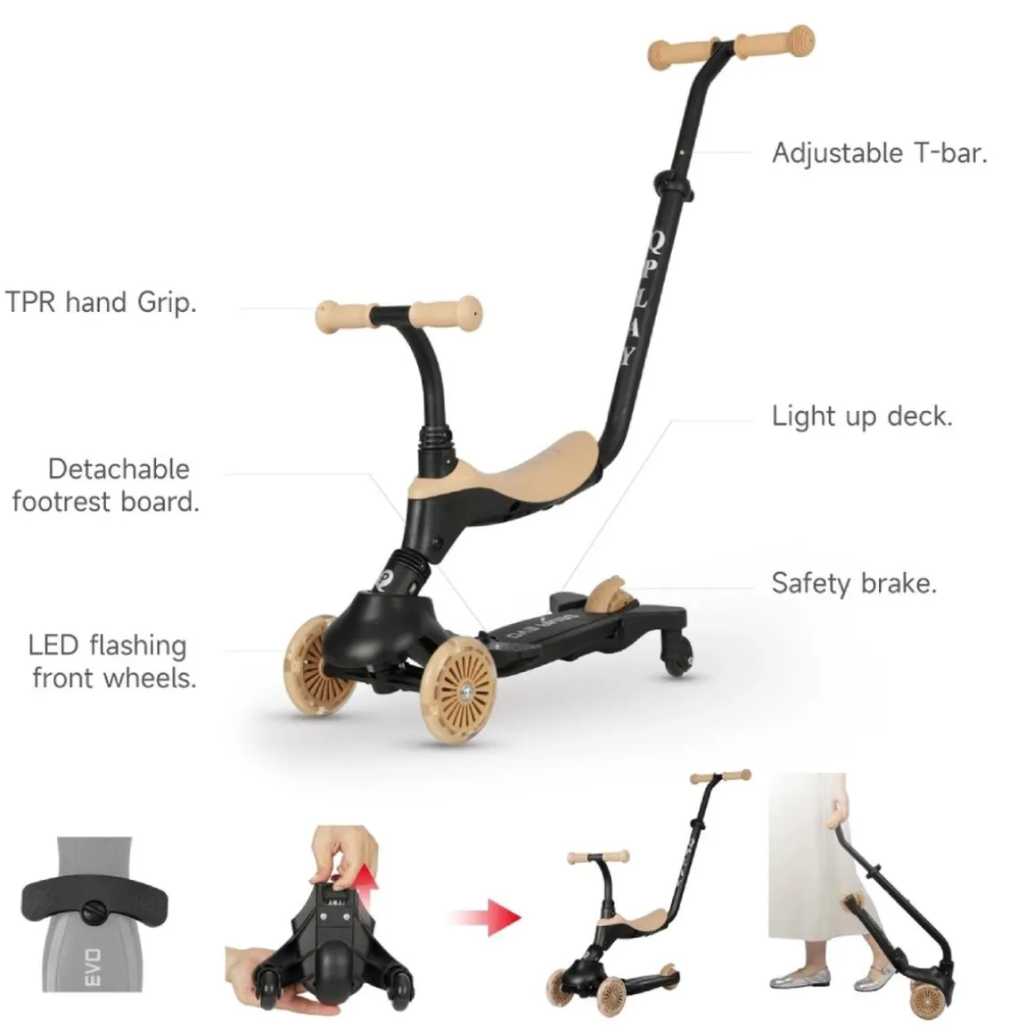 Patín Qplay EVO 5‑en‑1 con luces – Color beige