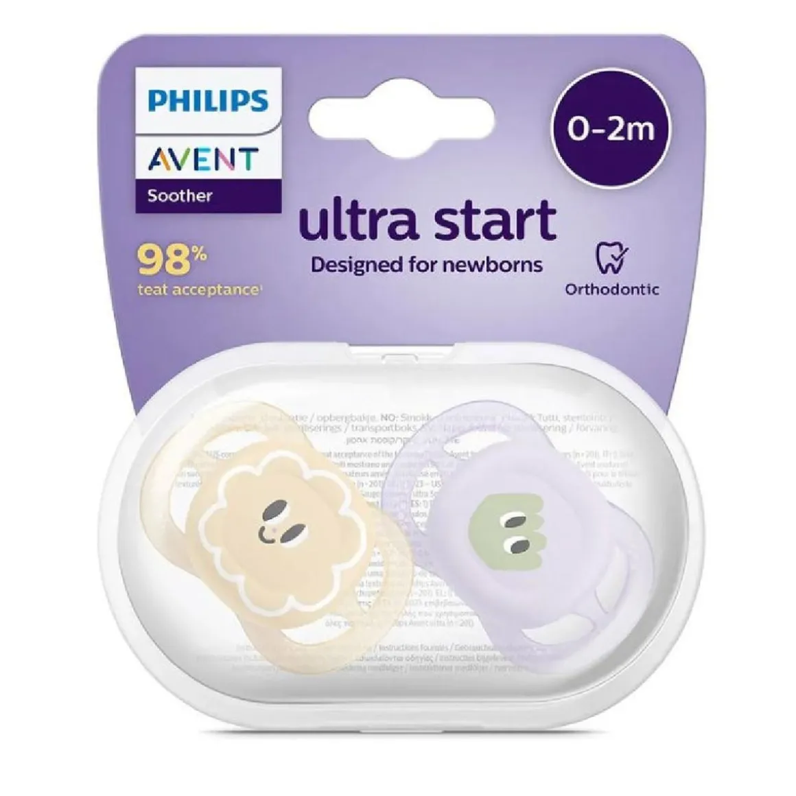 Philips Avent - 2 chupetes Ultra Start niña lila y amarillo (0-2m)