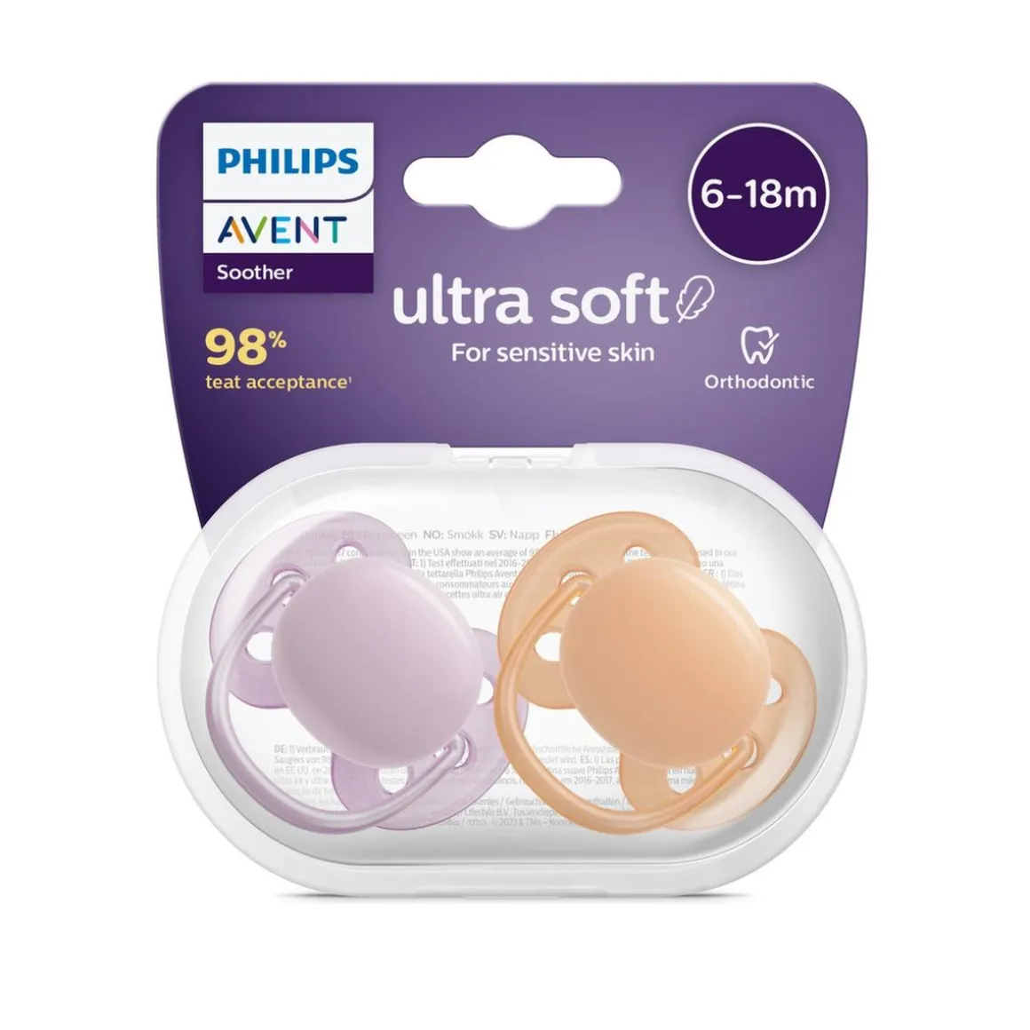 Philips Avent - Chupetes ultra suaves para bebés de 6-18 meses, morado/naranja (2 unidades)