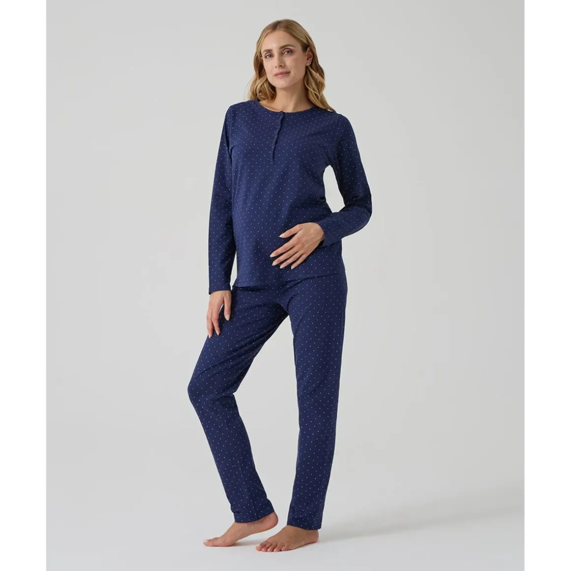 Pijama dos piezas premamá azul con lunares