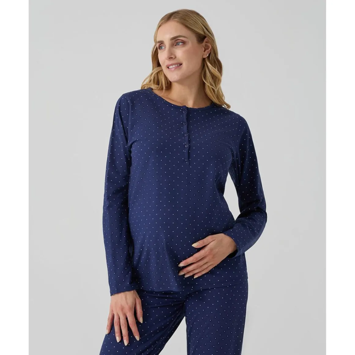 Pijama dos piezas premamá azul con lunares