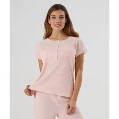 Pijama premamá rosa con encaje y botones para lactancia