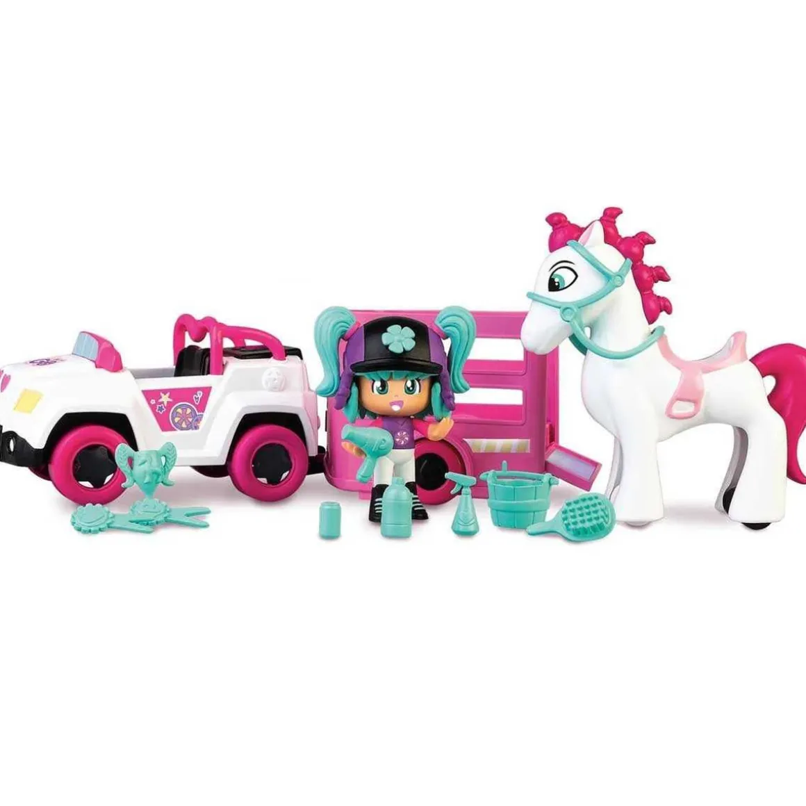 Pinypon - Remolque y caballo con mini muñeca y accesorios Pop&Swap