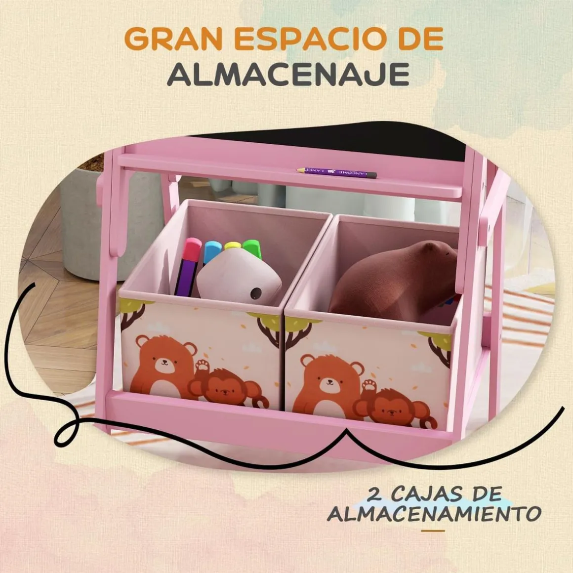 Pizarra 2 en 1 con cajas de tela Rosa
