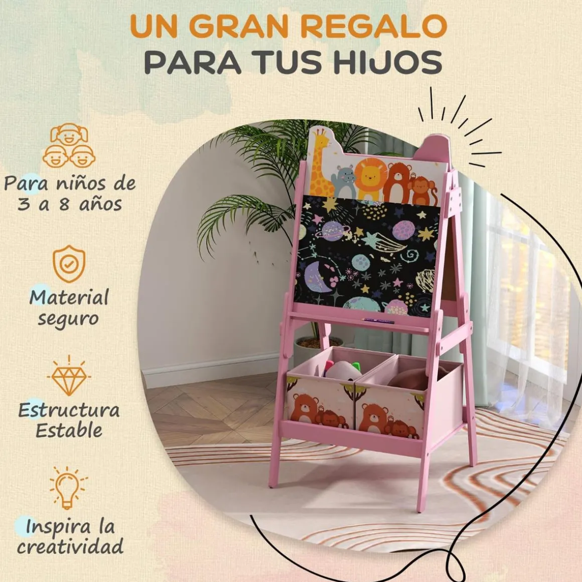 Pizarra 2 en 1 con cajas de tela Rosa