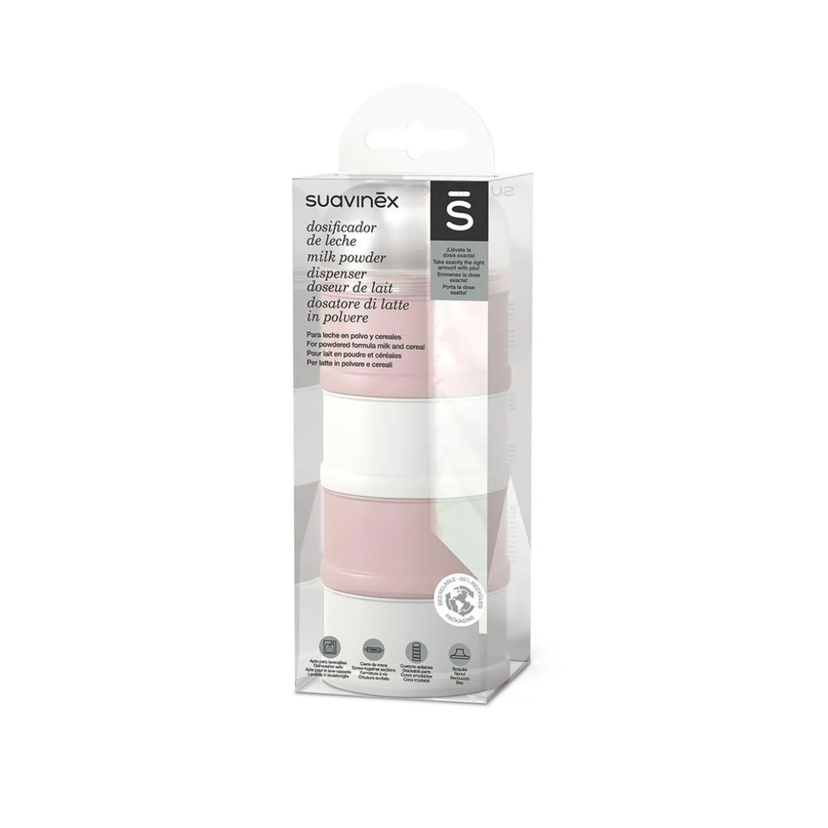 Suavinex - Dispensador de leche en polvo Bonhomia rosa. 4 compartimentos
