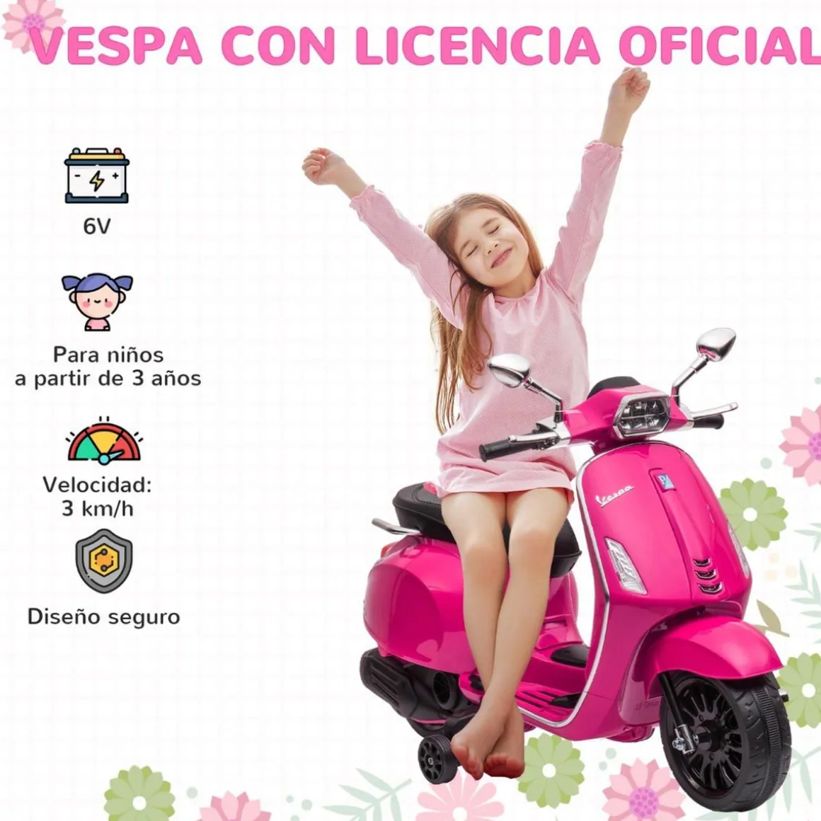 Vespa 6V con música, radio FM y ruedines Rosa